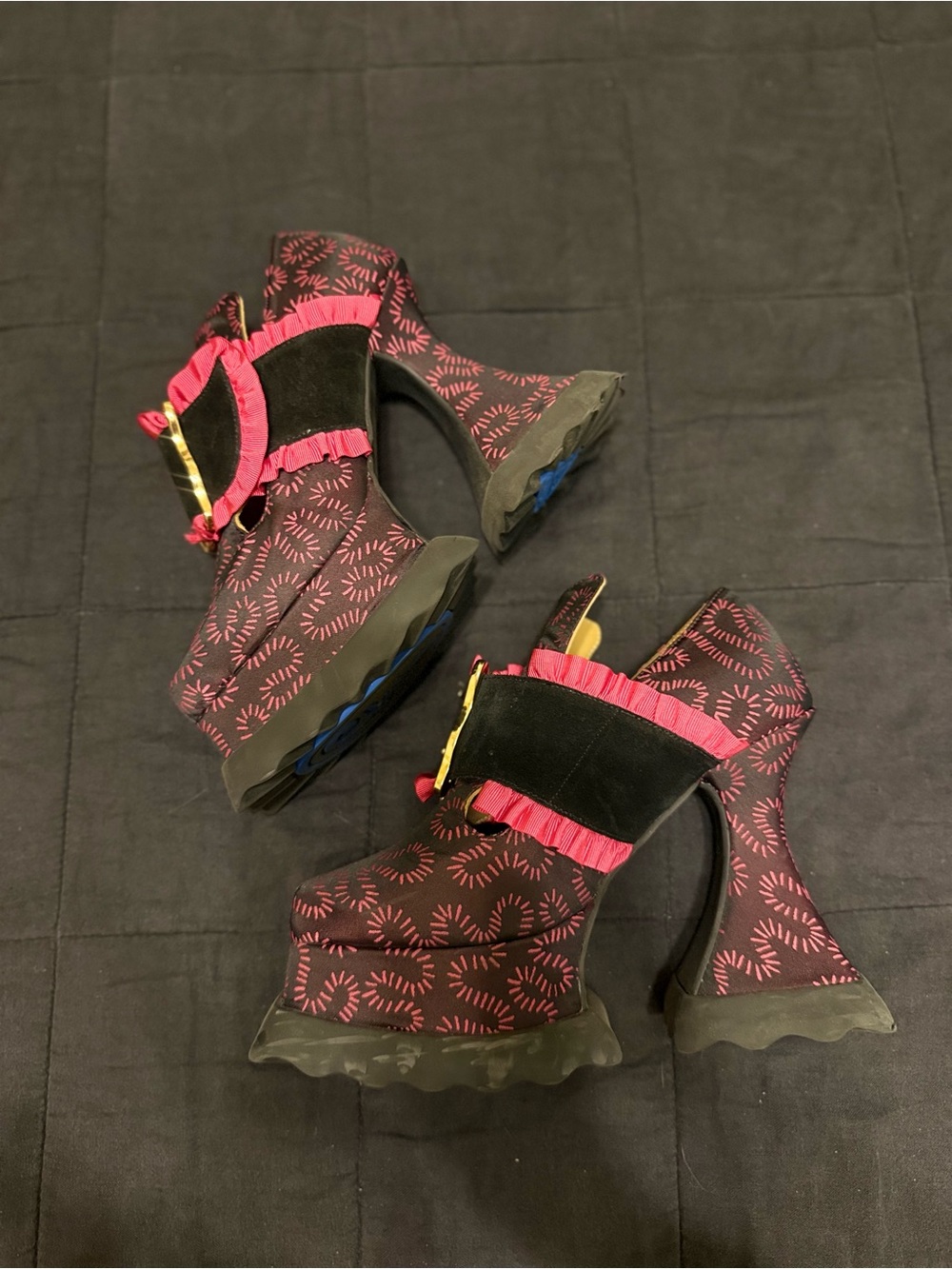 John Fluevog Ruffle Elektra Black and Pink Platform Heels